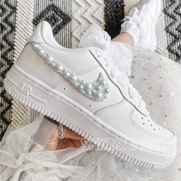 Nike custom blue swarovski pearl air force 1 sneakers wedding bride bling - Picture 1 of 2